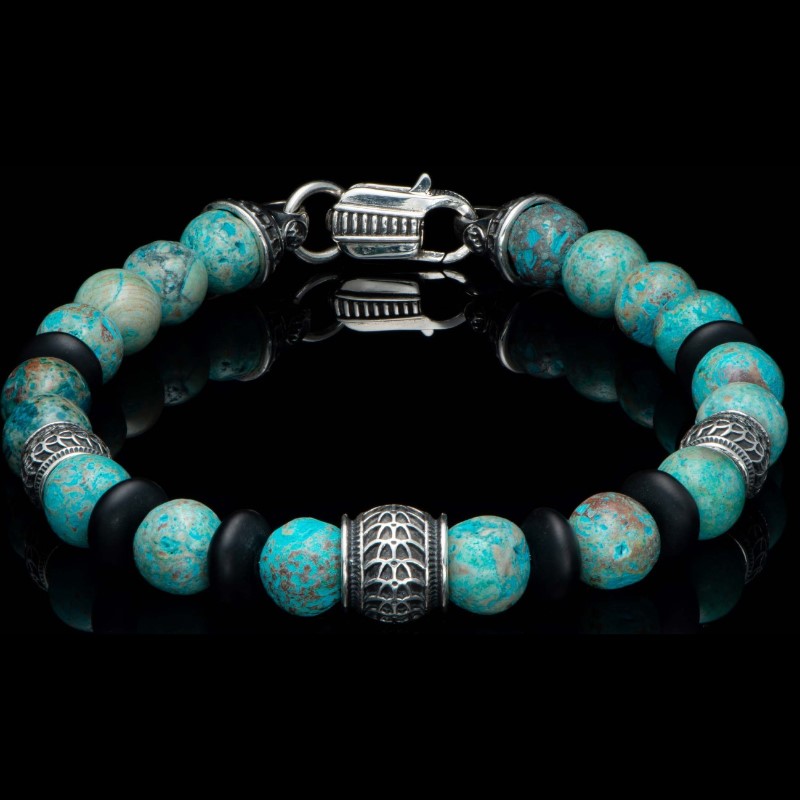 William Henry Newport Blue Agate  Bracelet Featuring  Three Custom Sterling Silver Beads  As Well As Sterling End Caps And Lobster Clasp